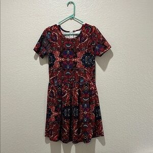 Lularoe Amelia Dress Abstract Floral Women's Size L Red Blue Career office